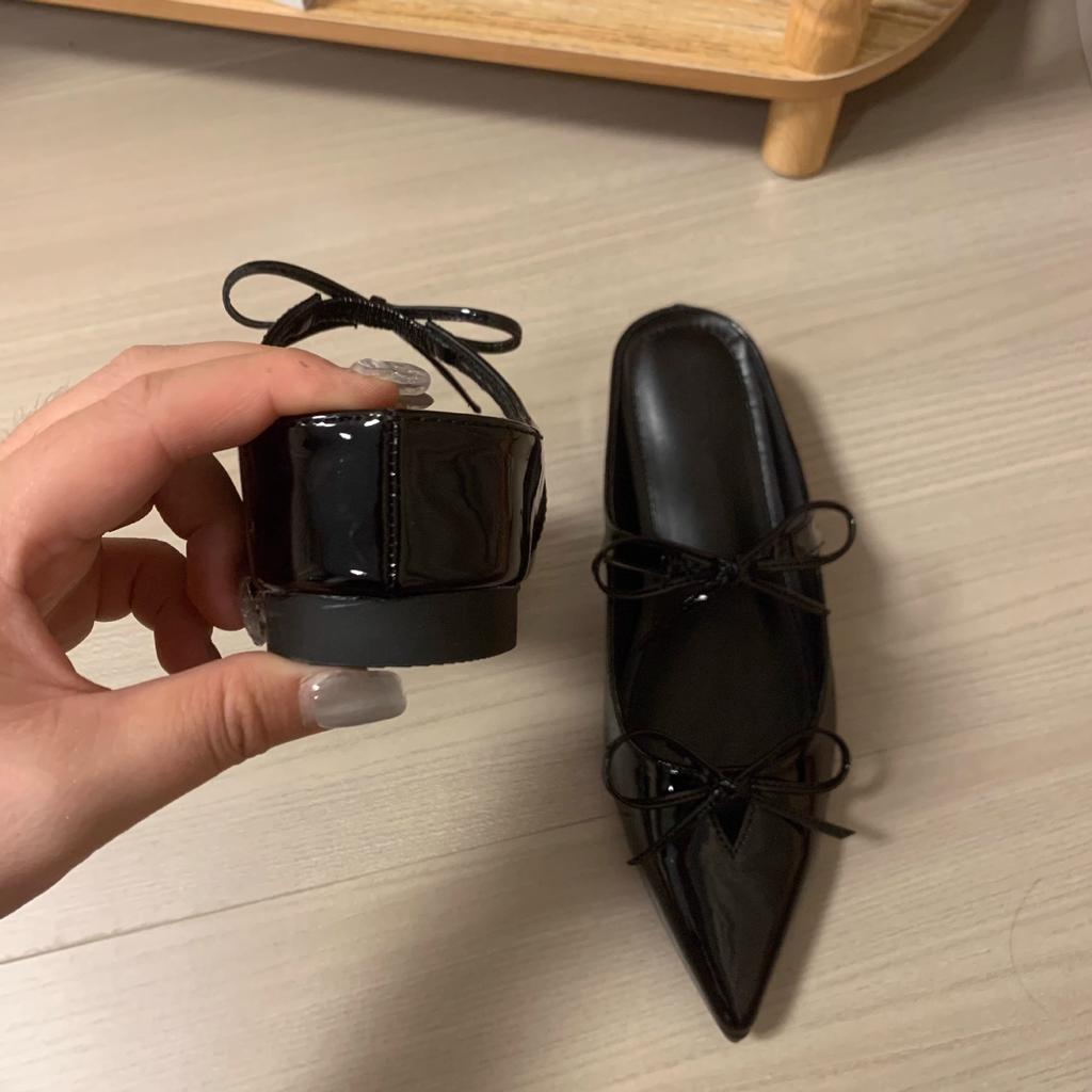 Double Bow Half Drag Inner Height Increase 5cm Small Mary Jane Single Shoes Pointed Patent Leather Half Drag Fashion Versatile