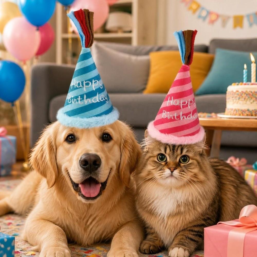 Adjustable Pet Birthday Hat Plush Cone Birthday Hats Striped Celebration Hat Holiday Decoration
