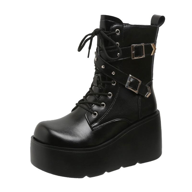 Новые европейские и американские ботинки в стиле панк большого размера на платформе, ботильоны на танкетке, рыцарские ботинки женские