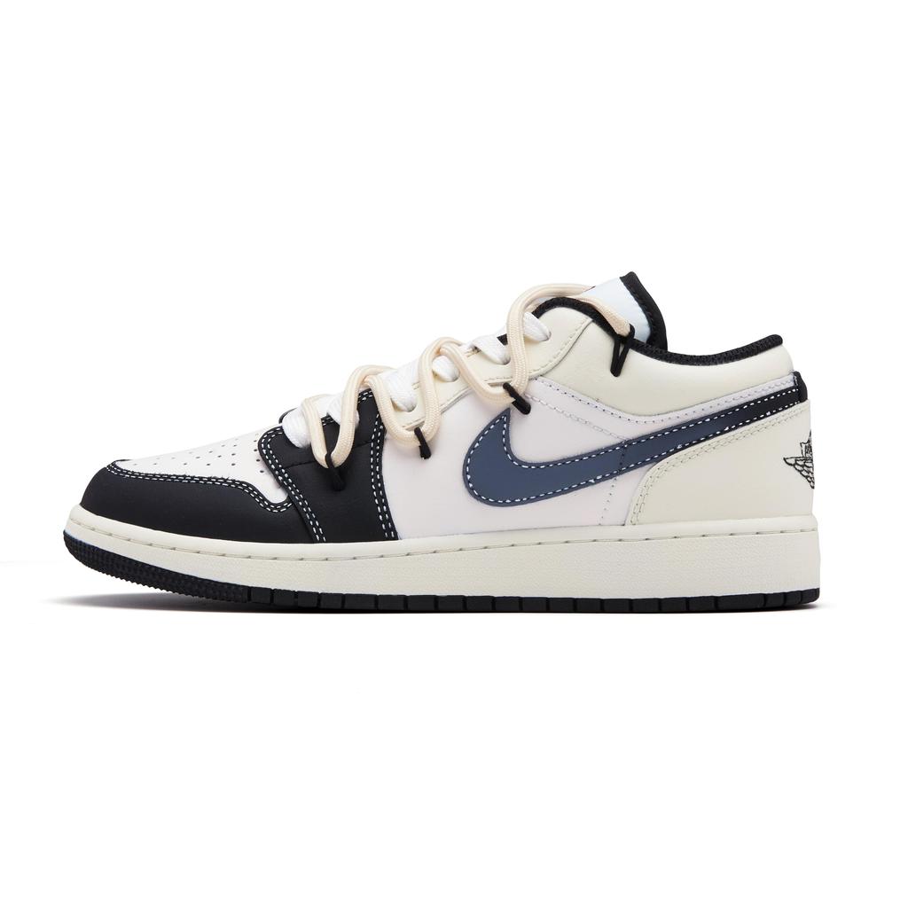 Jordan Air Jordan 1 Cushioning, Wear Resistant Low top Vintage Basketball Shoes Men's Black Beige White 553558-132(Team44-)
