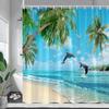 Ocean Landscape Shower Curtains Beach Coconut Tree Dolphin Sea Waves Summer Nature Scenery Bath Curtain Cloth Bathroom Decor Set