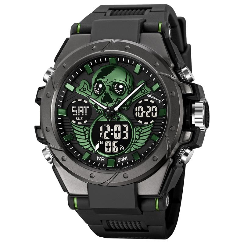 New STRYVE Men's Watch Creative Skull Design Digital-Analog Dual Display Watch Calendar Week Stopwatch Multifunction Watch S8008