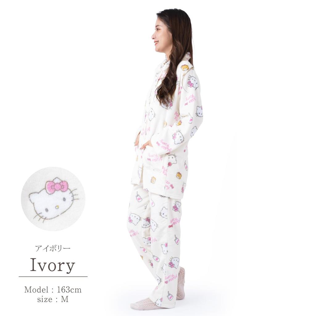 Hello Kitty Shirt Pajamas Flannel Long Sleeve Long Pants Top and Bottom Set Room Wear Pink Ribbon Hello Kitty [SAZAC] Women's (Ivory/L/SAN1746)