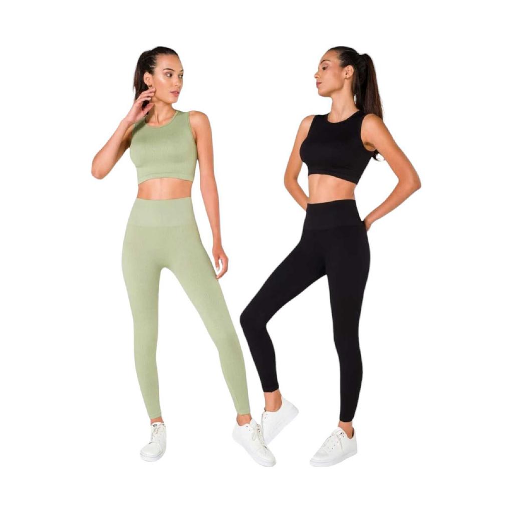 Women's Athlete Fitness Yoga Plates High Waist Tights-crop Ribbed Set 2 Pieces