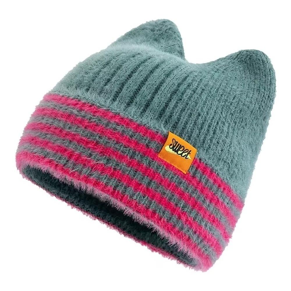 Y2K Lovely Style Cat Ear Beanie Hat Candy Colors Stripes Pattern Winter Hats Sweet Design Warm Hats Winter Season