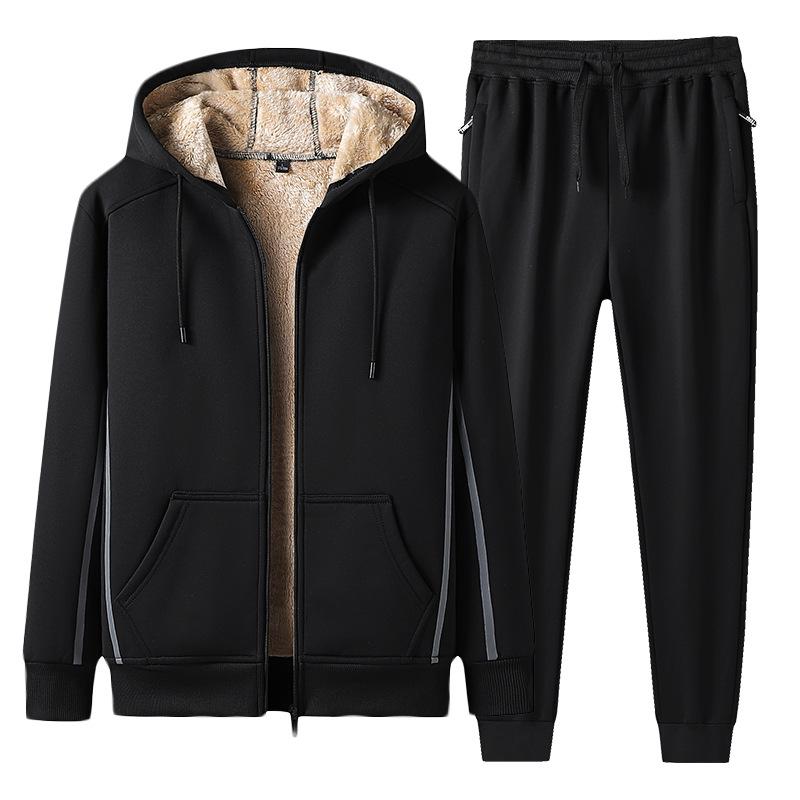 Winter Men's Casual Sports Suit Plus Velvet Thick Hooded Cardigan Sweater Two-piece Suit