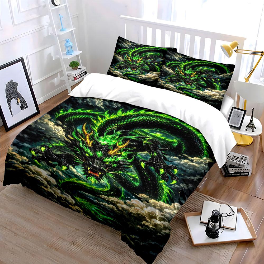 Green Dragon with Flames. Bedding Sets Duvet Cover Sets Duvet Covers Pillowcases(1 * Duvet Cover 2 * Pillowcases Without Duvet Insert)