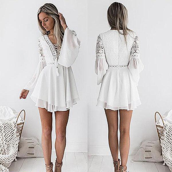 Women's A Line Dress Short Mini Dress White Black Red Long Sleeve Solid Color Ruffle Patchwork Spring Summer V Neck Sexy Dresses