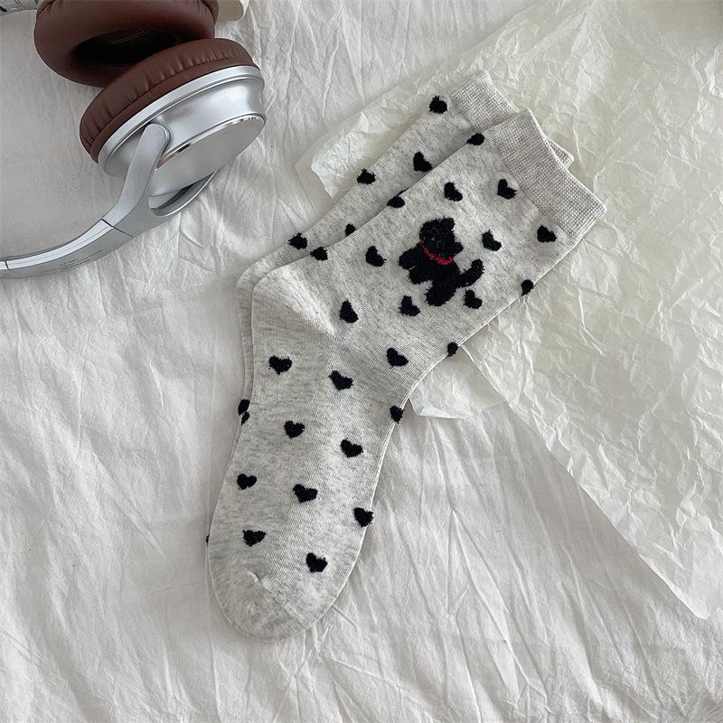 Cute Cat Plush Socks for Women, Spring and Autumn Pure Cotton Cartoon Illustration Mid-calf Socks, Polka Dot Yarn Heart-shaped Pile Socks