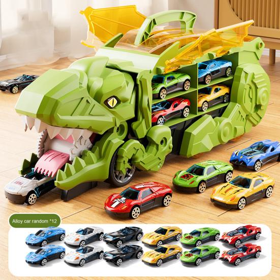1 Set Kids Dinosaur Carrier Truck Toy with 12 Alloy Die-Cast Cars