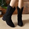 Retro Fashion Embroidered Women's Boots Flock Pointed Toe Square Heel Women Shoes Large Size 35-43 Khaki Casual Mid-Calf Boots