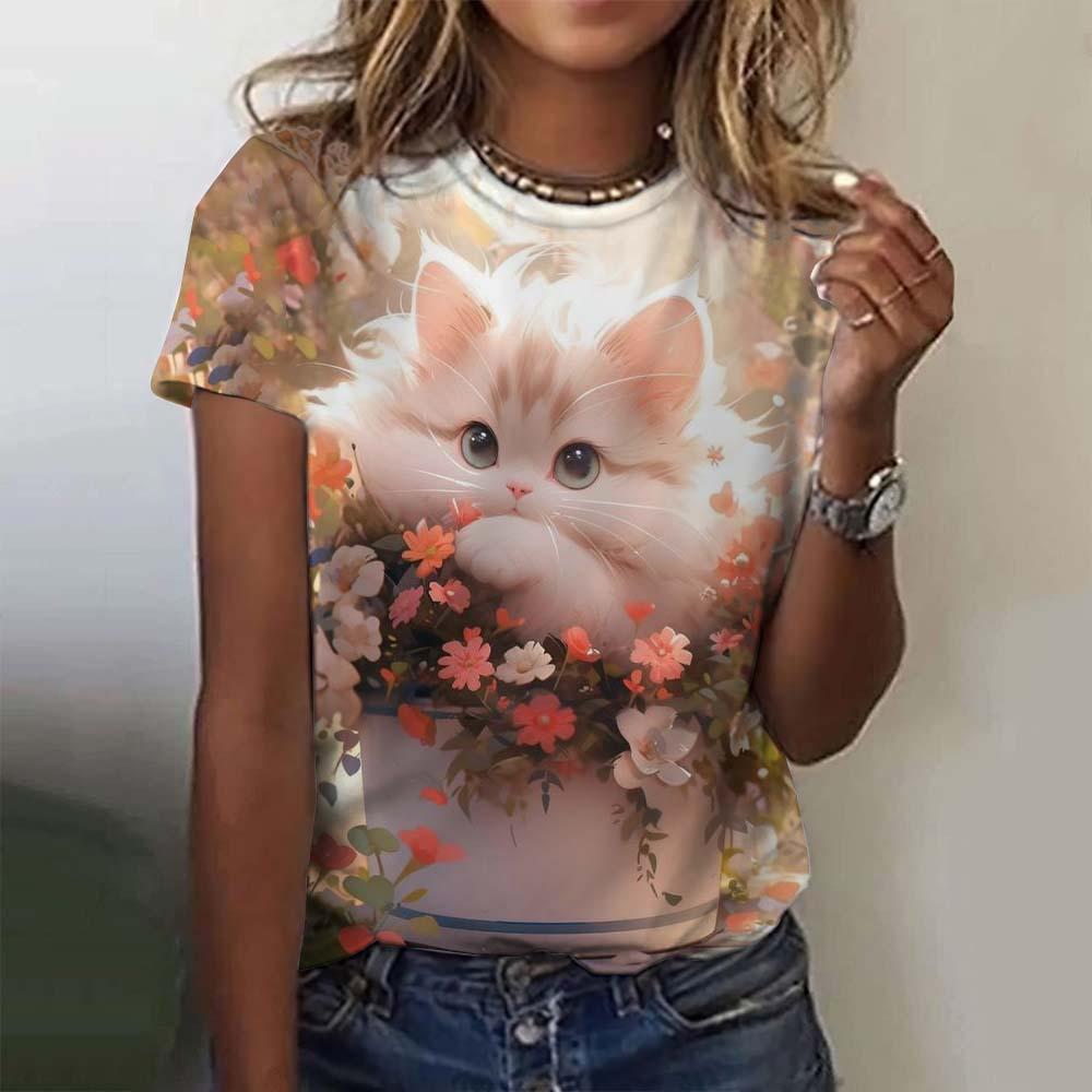 Женская футболка с короткими рукавами и принтом кота, повседневная, с 3D-узором для девочек на лето