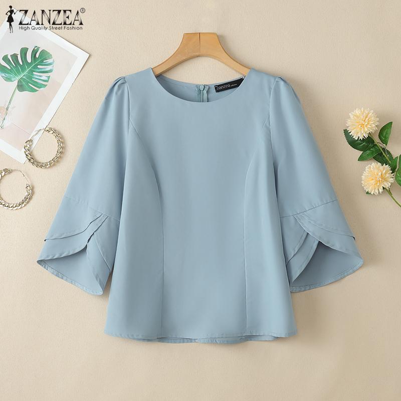 ZANZEA Women Casual Round Neck 3/4 Sleeve Summer Loose Blouse