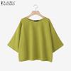 Women Casual Round Neck Loose 3/4 Sleeve Solid Blouse