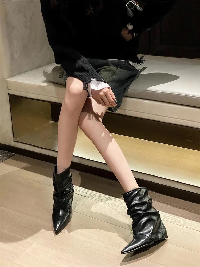 Fashion 2025 Autumn Winter Pleated Pointed Toe Women Ankle Boot Wedges High Heels Banquet Prom Street Style Female ShoesEilyken