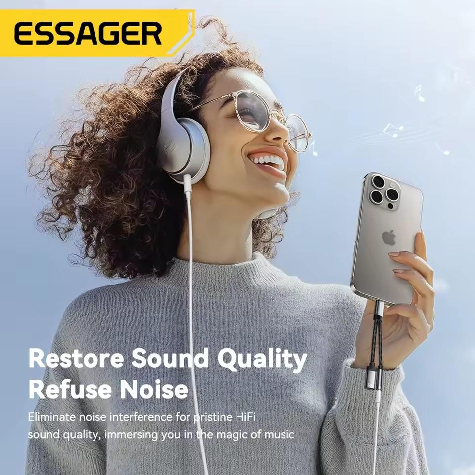 Essager 2 в 1 Type C на 3,5 мм AUX кабель адаптер для наушников PD 60 Вт быстрая зарядка для iPhone 16 15 Samsung Xiaomi 14 13 планшетных ПК