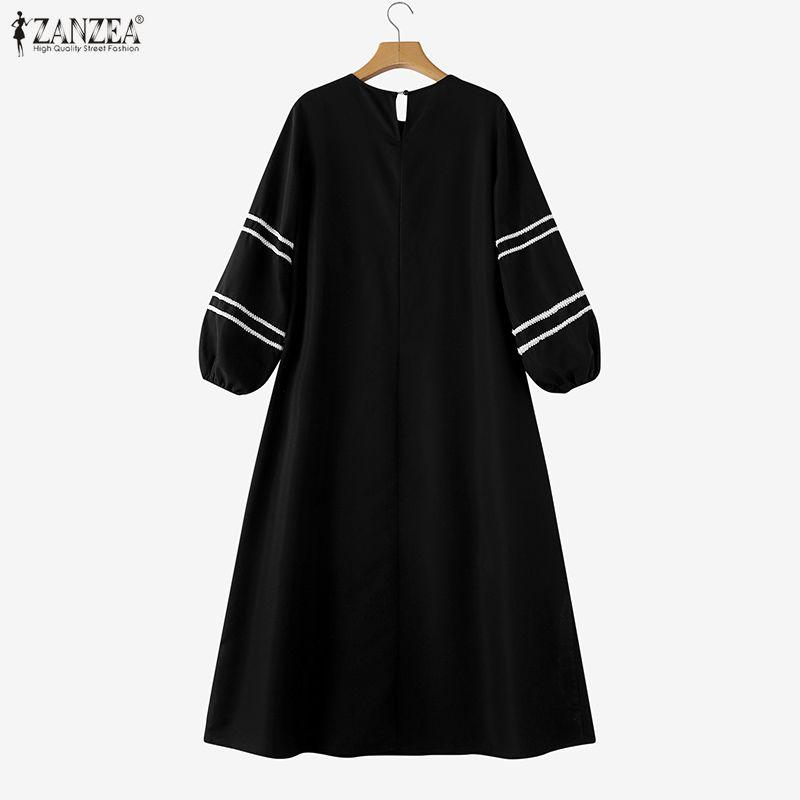 ZANZEA Женское длинное свободное платье-халат в полоску и пэчворк с круглым вырезом и пышными рукавами, повседневное макси-платье