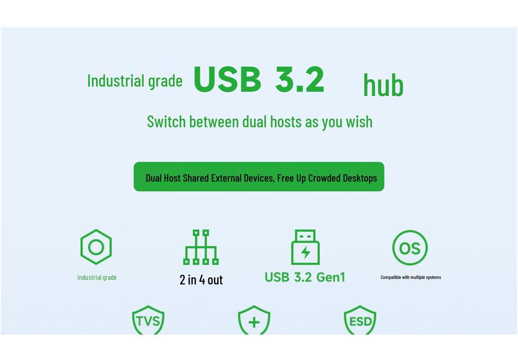 Dual Host Industrial 4-Port USB 3.2 Hub, 2-in-4-out Expansion Module