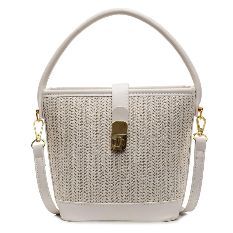 Korean Ins Casual Straw PU Hand-carried Bucket Bag Women's 2025 New Fashion Versatile Commuter Temperament Messenger Bag