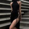 Готический Темный Косплей Высокий Разрез Сексуальный Бандаж Женские Платья Y2K Молл Готический Халтер Облегающее Миди Платье Черный Гранж Стиль Альтернативная Вечеринка