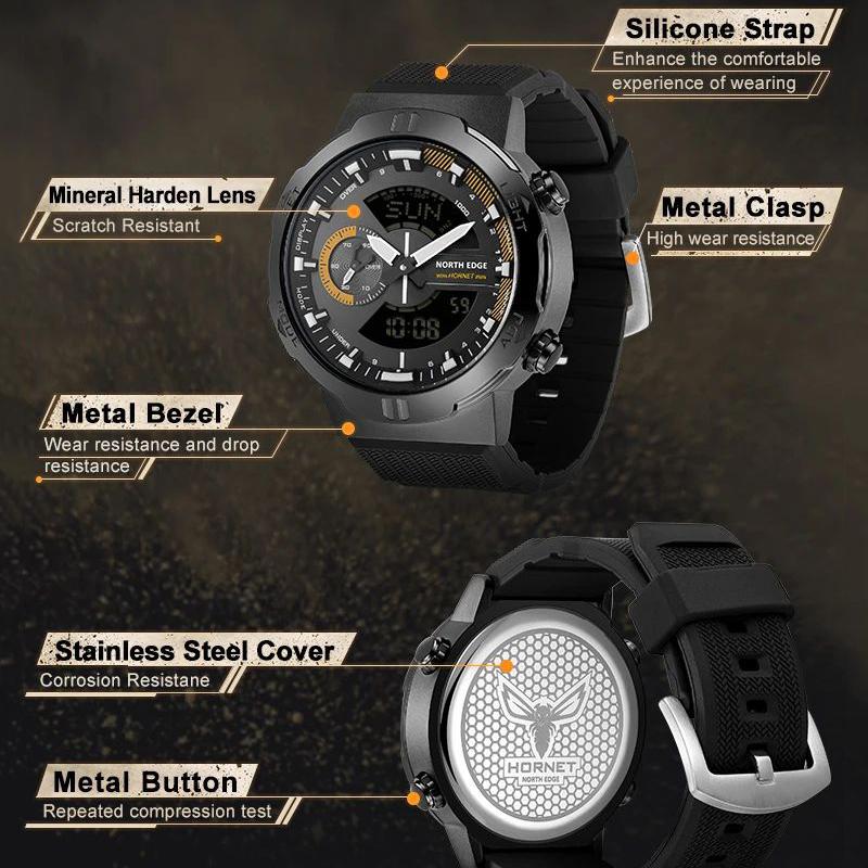 NORTH EDGE Мужские цифровые часы HORNET, спортивные часы для бега, велоспорта, водонепроницаемые, 50 м, с подсветкой мирового времени, наручные часы