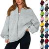 Women's Fashion Long Sleeve Solid Color V-Neck Loose Oversize Zipper Jacket