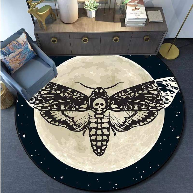 Death Moth Round Carpet Gothic Skull Round Floor Mat Butterfly Moon Living Room Carpets Bathroom Kitchen Area Rug Doormat Decor