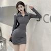 Casual Street Style Retro Slim Simple Stitching Color Zipper Neckline Design Long-Sleeved Hip Dress
