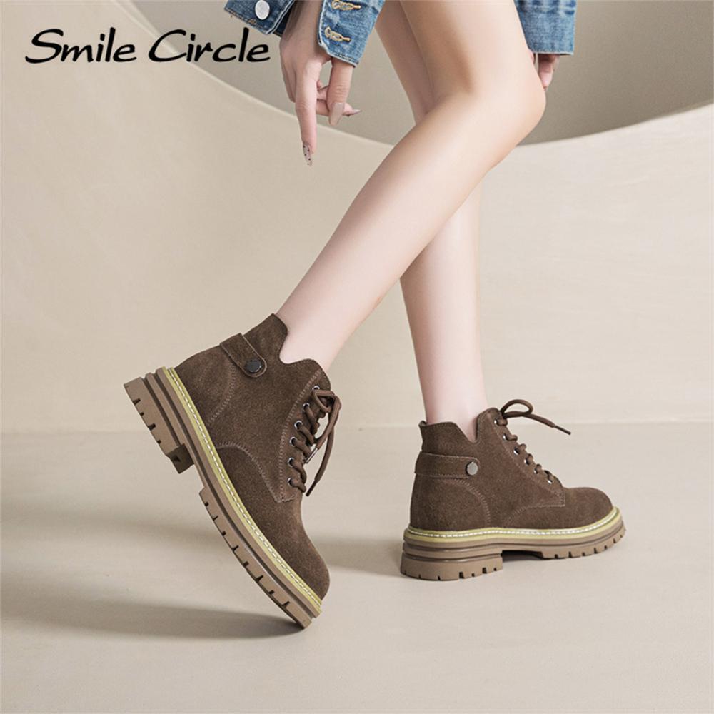 Женские ботинки из натуральной замши с круглым носком, на шнуровке, с толстой подошвой, модные повседневные рабочие ботинки