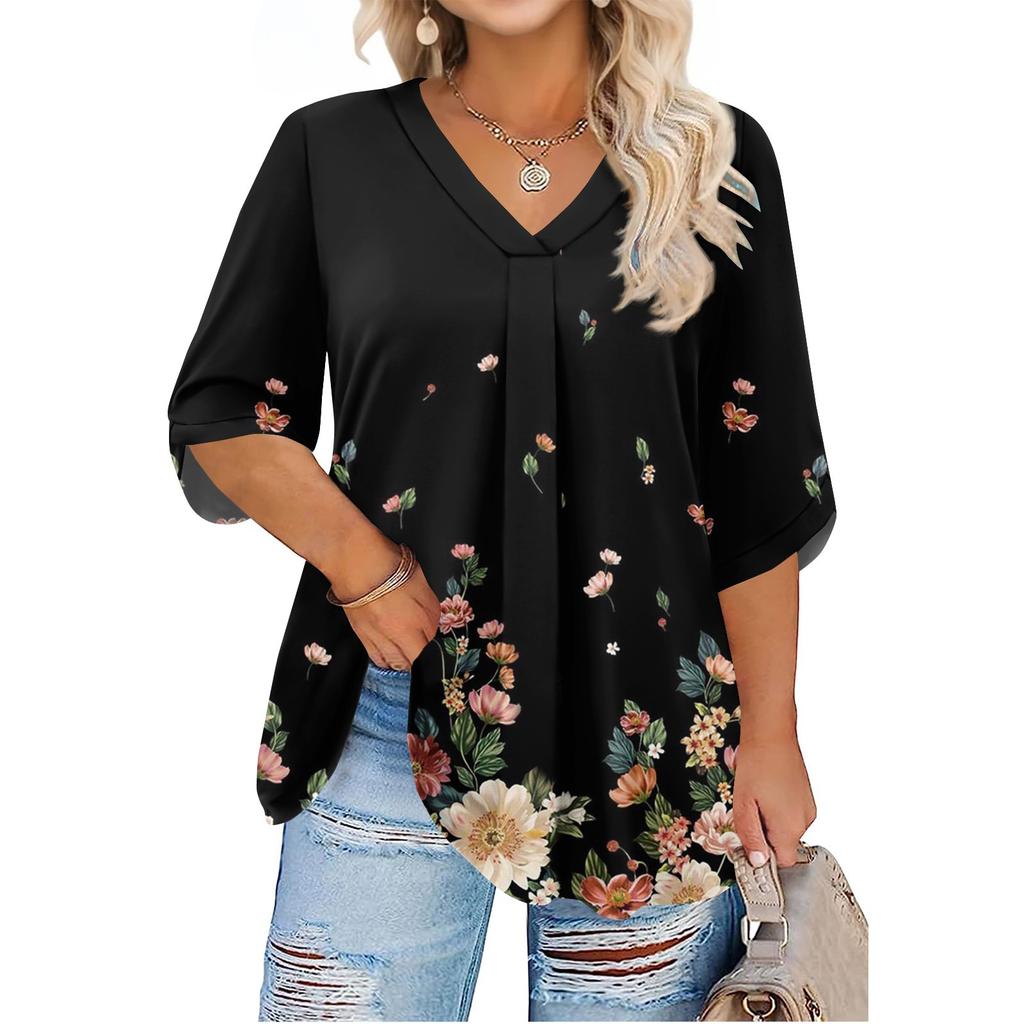 Women's Fashion Large Size Printed V-Neck Three-quarter Sleeve Top