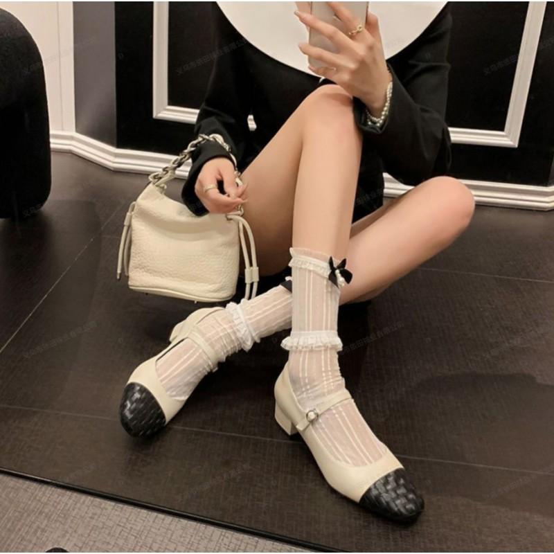 Sweet Lace Trimmed Bow Knee-High Socks Women White Sheer Nylon With Triple Layer Ruffle Detail