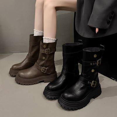 Коричневые полусапоги на утолщенной подошве в британском стиле «мартенсы» на весну и осень, складки, новая мода, детские короткие сапоги 2025