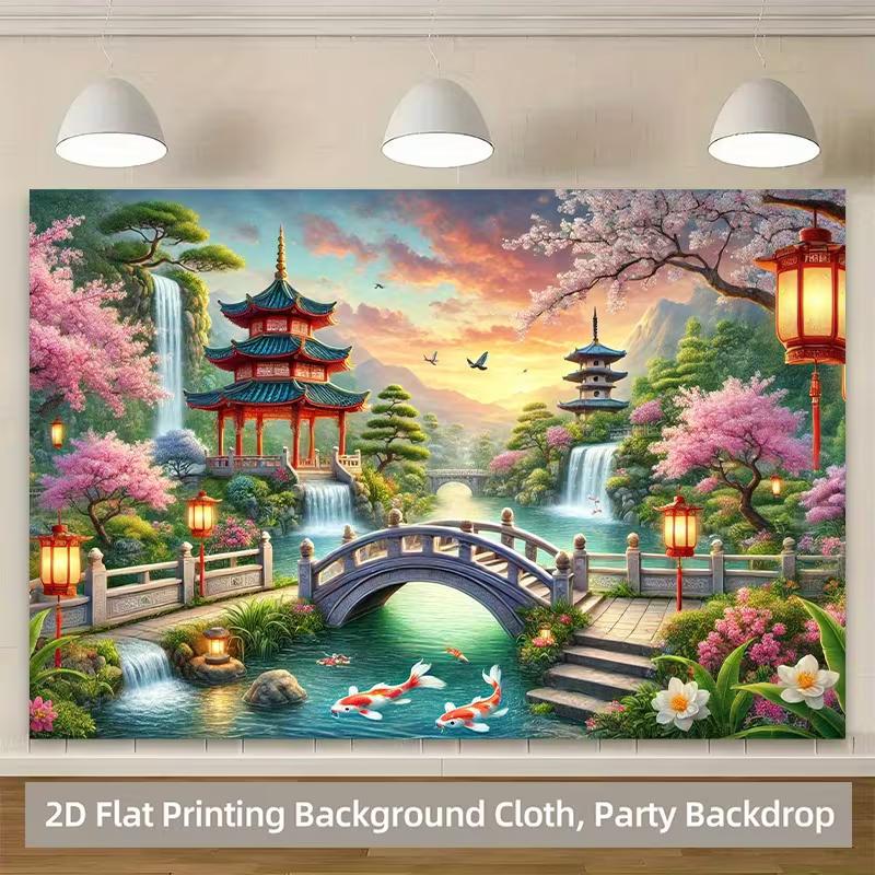 2D Vibrant Koi Fish Temple Backdrop for Studio & Party Decoration