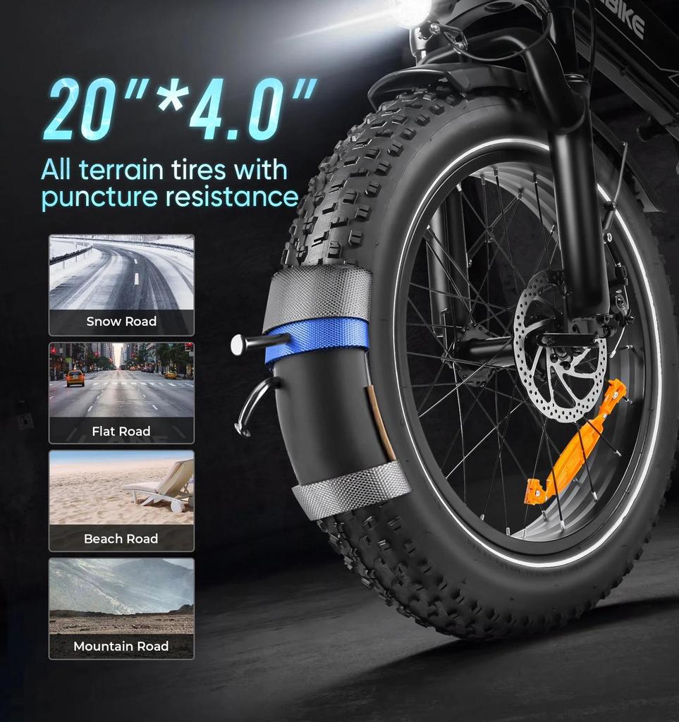 Electric Bicycle LOTDM200-II Folding Electric Bicycle 20 x 4.0-inch Thick Tire Mountain Electric Bicycle with 48V 13Ah Detachable Battery E-bike