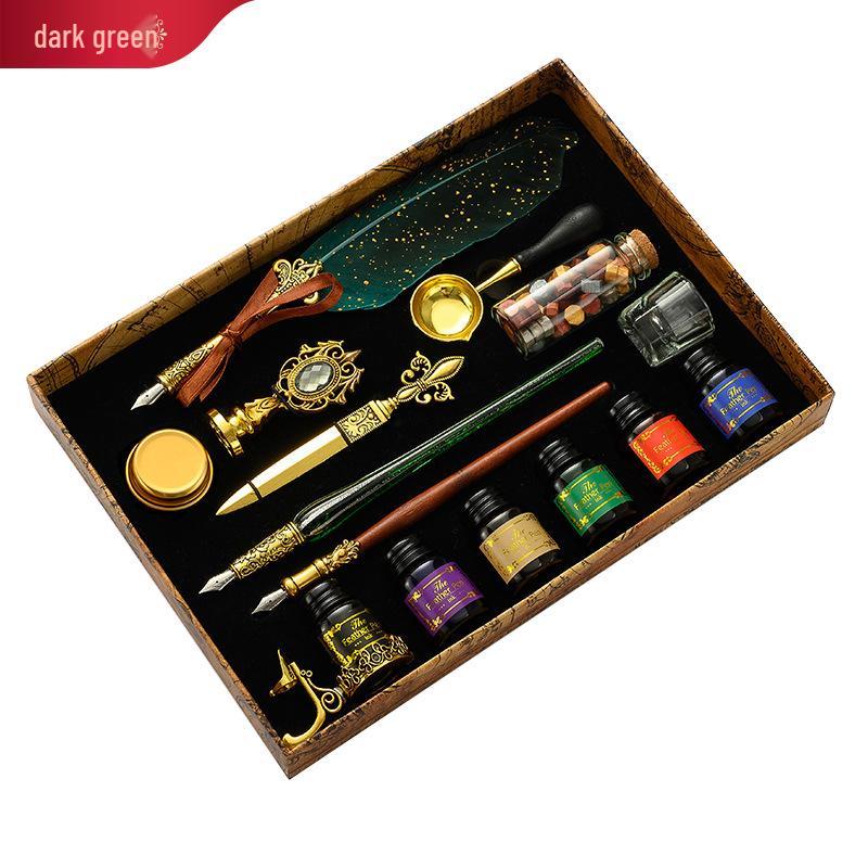 British Style Gold Splatter Feather Pen Set with Custom Logo - Ink Dipping Set, Birthday Gift