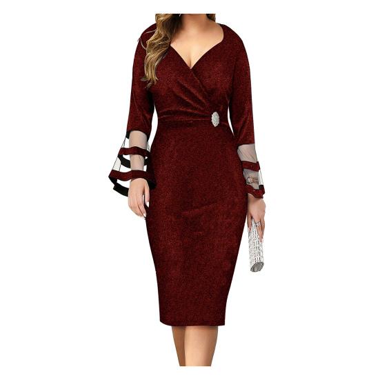 Women Party Dress Mesh Patchwork Low-cut V Neck Knee Length Slim Fit Sheath Long Flared Sleeve Solid Color Tight Waist Lady Prom Banquet Dress