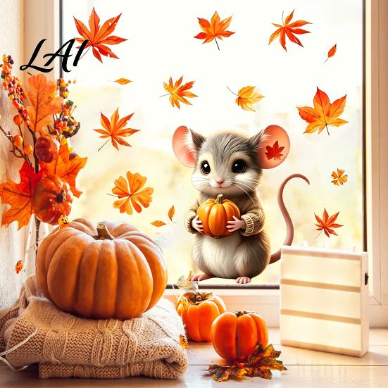 Indoor Outdoor Window Decorations 2Pcs Fall Cartoon Static Clings Cute Bunny & Mouse Stickers No‑Glue Easy Peel Stick Glass Stickers PVC