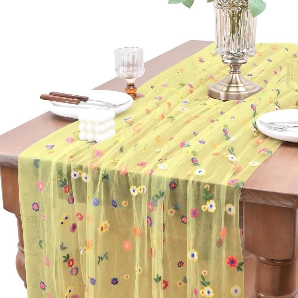 Vintage Embroidery Daisy Table Runner Boho Floral Tablecloth  Holiday Decoration