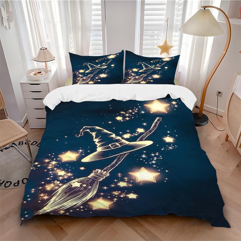 3pcs Witch Broomstick Bedding Set, Includes 1 Comforter + 2 Pillowcases, Without Pillow Inserts, Soft Comfortable, Lightweight Breathable, P