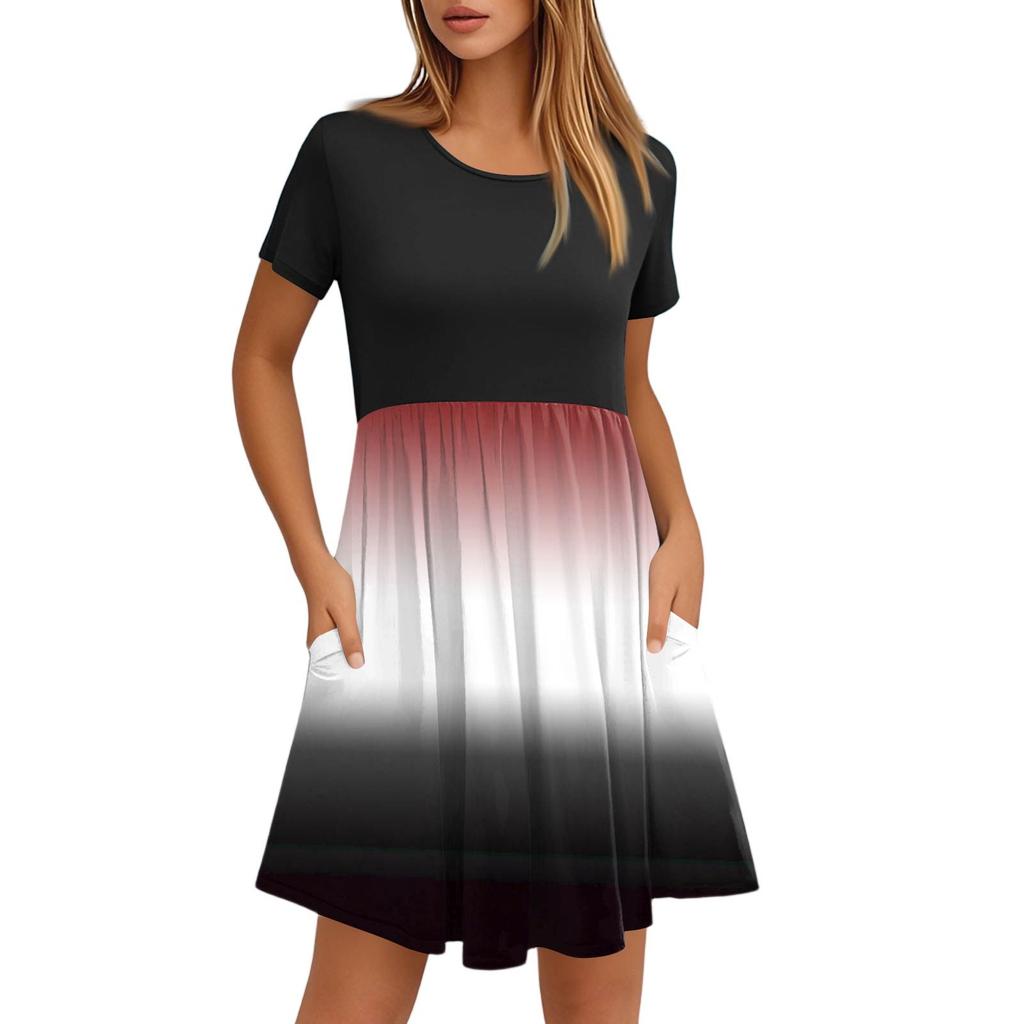 Женские модные повседневные свободные платья с круглым вырезом и коротким рукавом с принтом и карманами