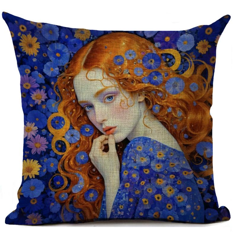 Gustav Klimt Art Theme Decorative Cushion Cover Classic Retro Style Beautiful Women Print Square Durable Linen Throw Pillow Case