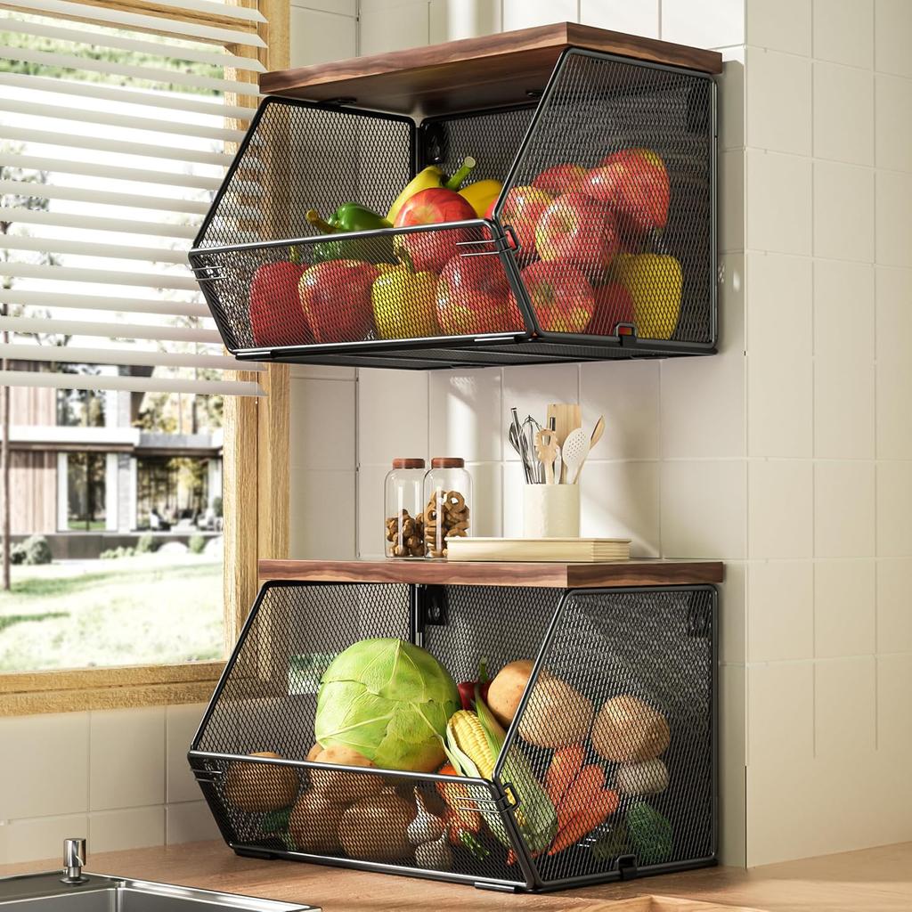 Stackable Fruit Basket for Kitchen Countertop Space Saving, Wall Mounted Mesh Metal Wire Baskets with Wood Lid Extra Storage