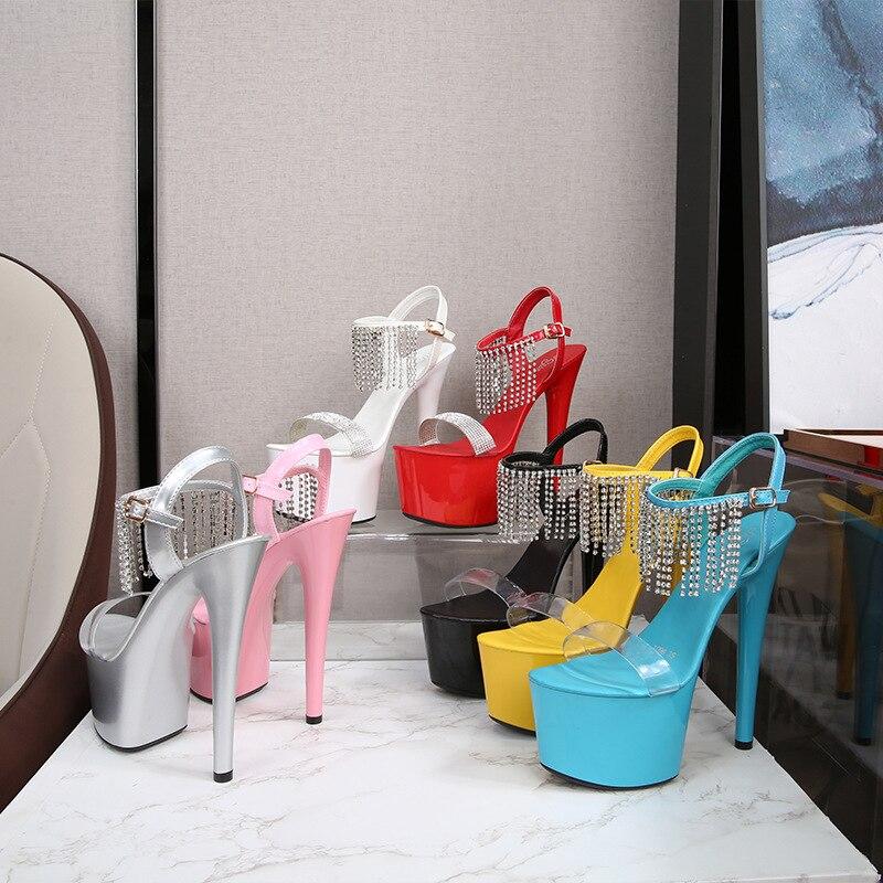 Женские туфли на шпильке, пикантные модные сандалии с пайетками и бахромой, серия 181, каблук 16,5 см, платформа 7 см, LFD