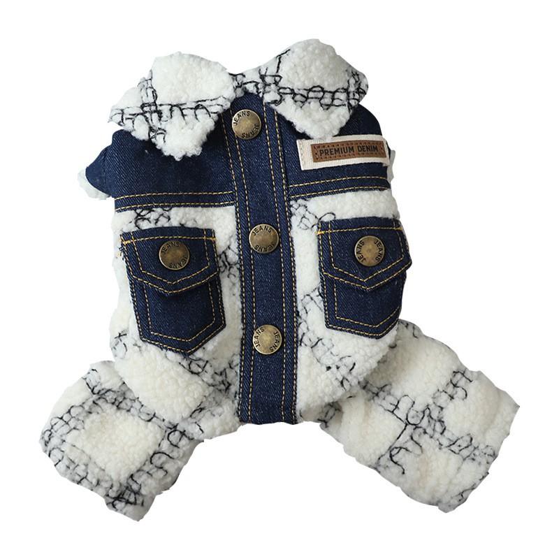 Warm Windproof Dog Coat Small Breeds - Cotton Hooded 4-Leg Design With Snap Casual Style In Denim Blue