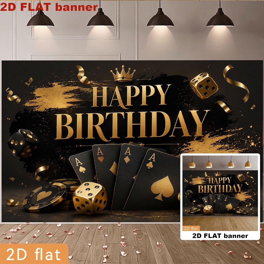 Happy Birthday Party Backdrop Banner, Black Gold Casino Poker Dice Crown Design, Polyester Photo Background for Indoor Outdoor Party & Home Decor