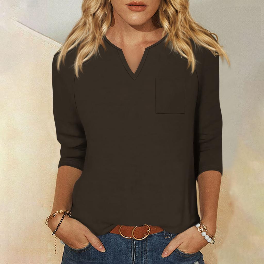 Женская модная рубашка, повседневная рубашка с рукавами реглан, карман, V-образный вырез, рукав 3/4, свободная футболка с принтом, женский топ