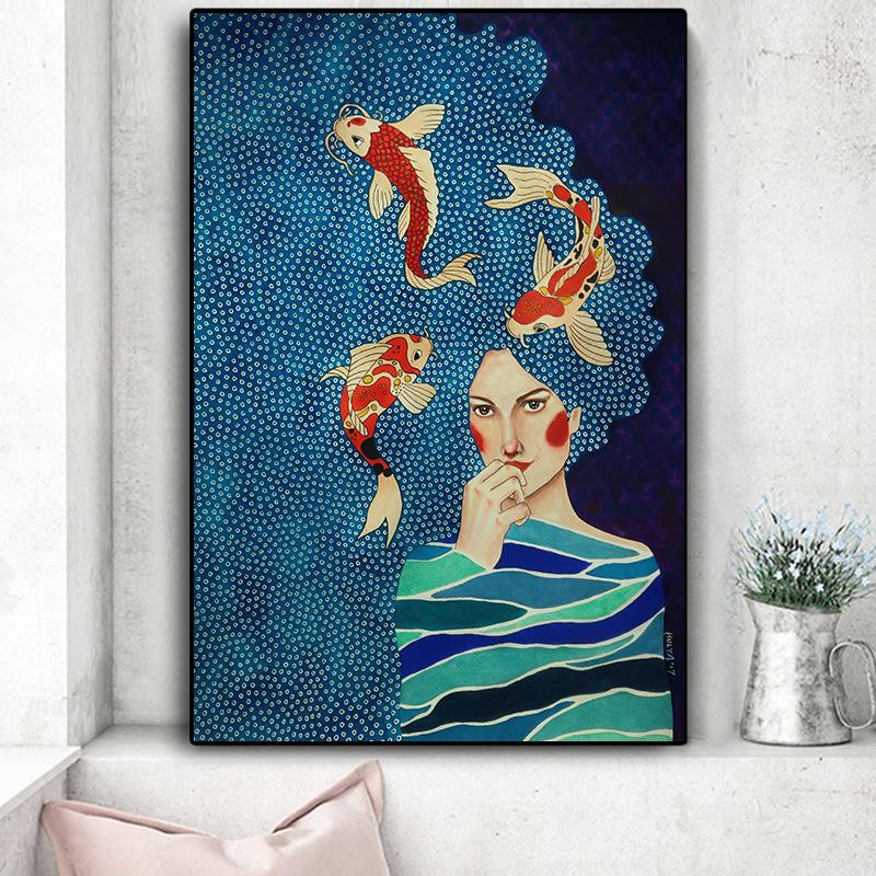 Винтажная абстрактная девушка, волосы, цветок, женская настенная живопись на холсте, модный плакат на скандинавскую тему, настенные панно для гостиной, без рамы