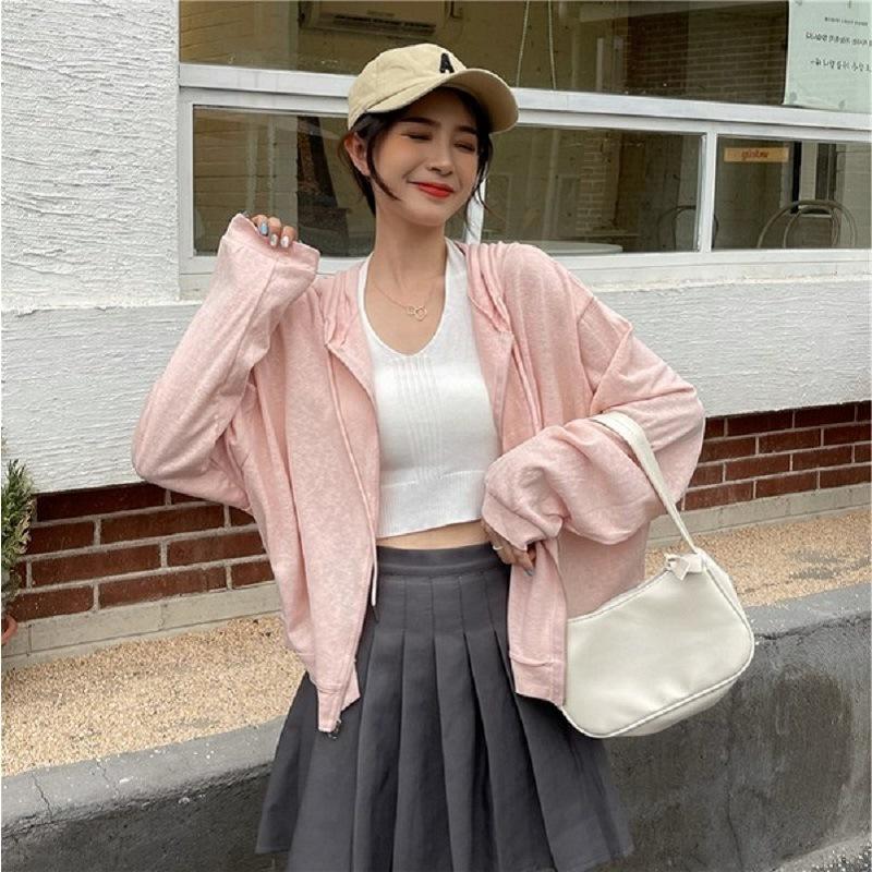 Однотонная прозрачная солнцезащитная одежда для женщин, свободная футболка с длинными рукавами для женщин, женская куртка на молнии с капюшоном