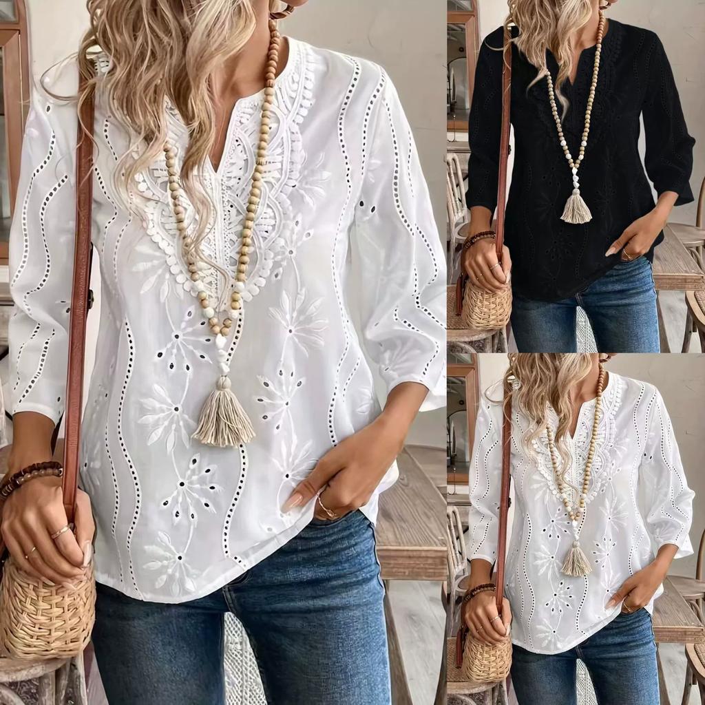 Spring and Autumn New Loose V-neck Embroidered Flared Sleeve Lace Top Chiffon Shirt