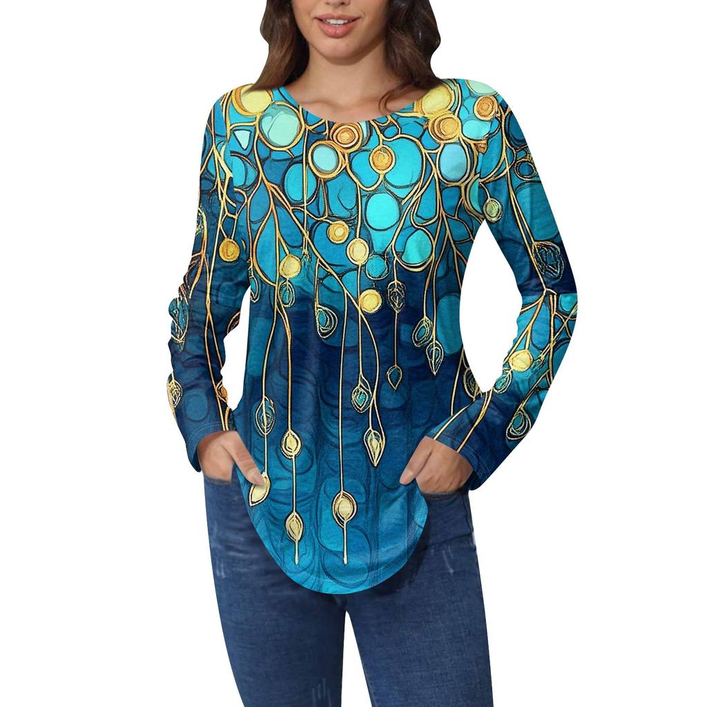 Рубашки для женщин Милые винтажные узоры с принтом Футболка с длинным рукавом Туника Топы Хлопковые пуловеры